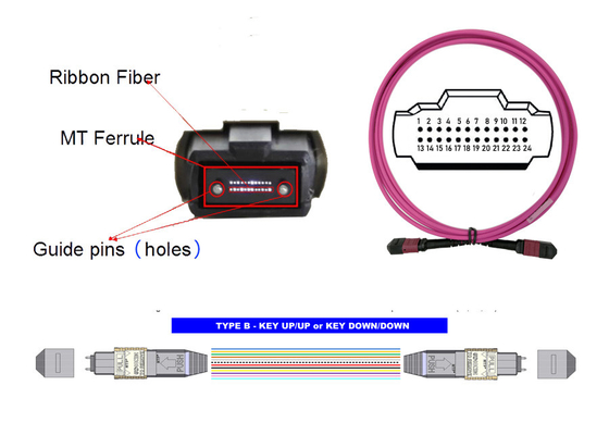 100G 24 MTP MPO 광섬유 케이블 패치 코드 3M OM4 24 핵심 자홍색 B형 행동 양식 USCONEC